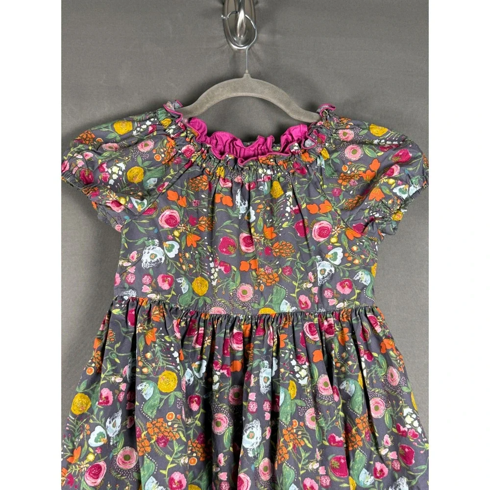 Arya Mine Designs Floral Dress Kids 8 Gray Pink Cotton Handmade Short Sleeve